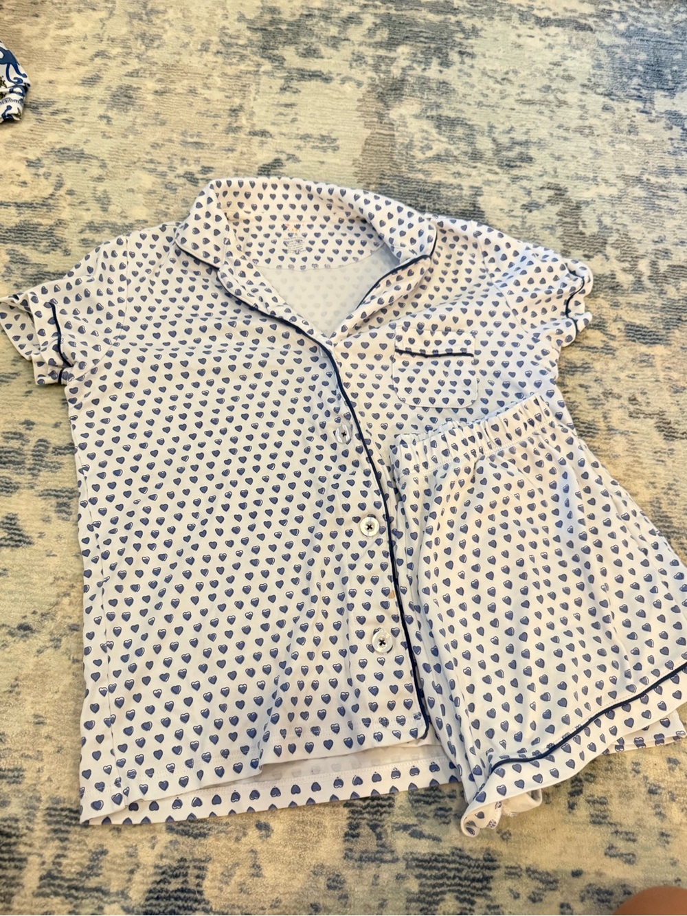 Heart-Print Blue Pajama Set - Lightweight Short Sleeve & Shorts
